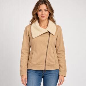 LRL Ralph Lauren Tan Sherpa Collar Asymmetrical Zip Sweater Jacket Large -